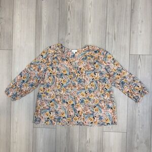 J. Jill Pintucked XL Cotton Voile Popover Top Light Peach Watercolor Floral